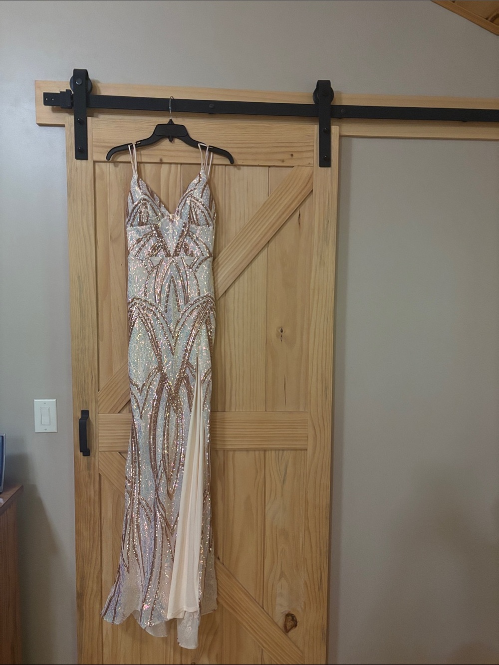 Crystal Doll Ivory Sequin Prom Dress with Rose Gold Accents